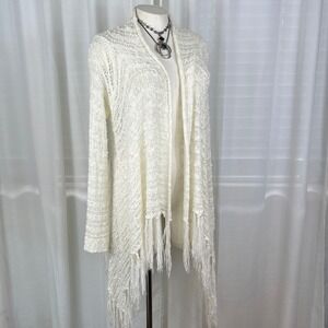 Boho Crochet Open Knit Fringe Duster Cardigan Ivory Cotton Blend M/L Festival